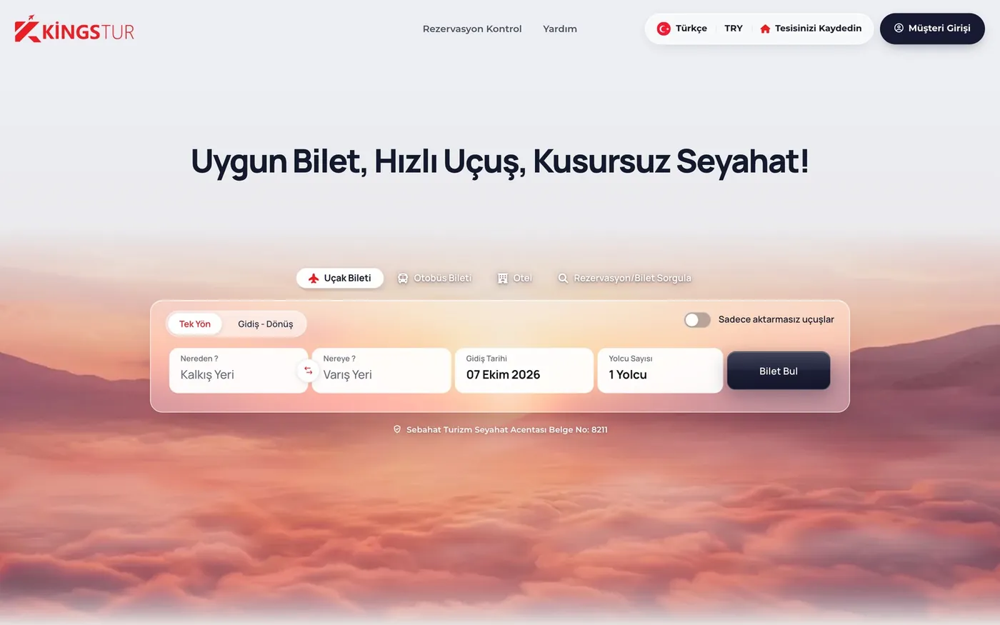 Kingstur ana sayfası: uçak, otobüs ve otel arama